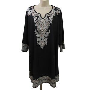 Womens Sheath Dress Plus Sz 1X Knee Length Black Geometric Trim 3/4 Sleeve BOHO